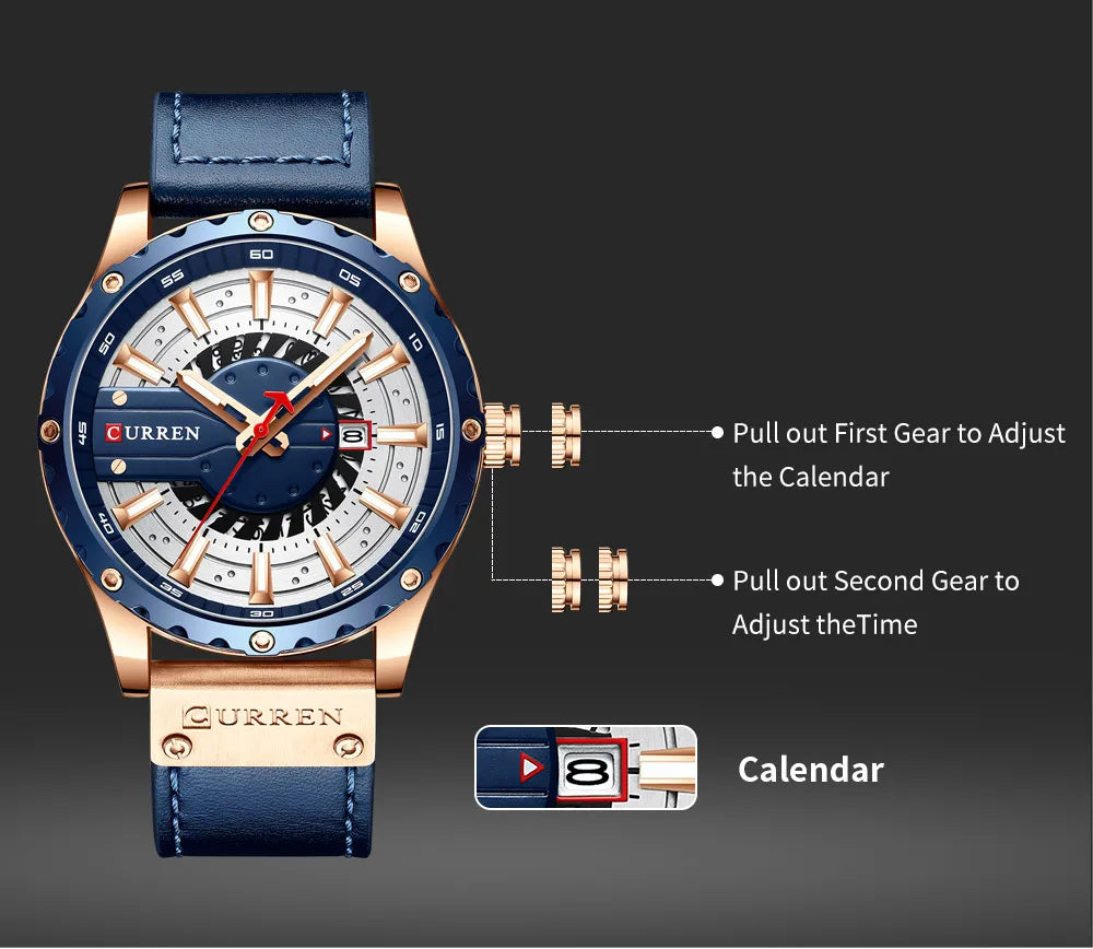 CURREN Watches Top Brand Fashion Leather Wristwatch Casual Quartz Men's Watch with box New Chic Clock Luminous hands