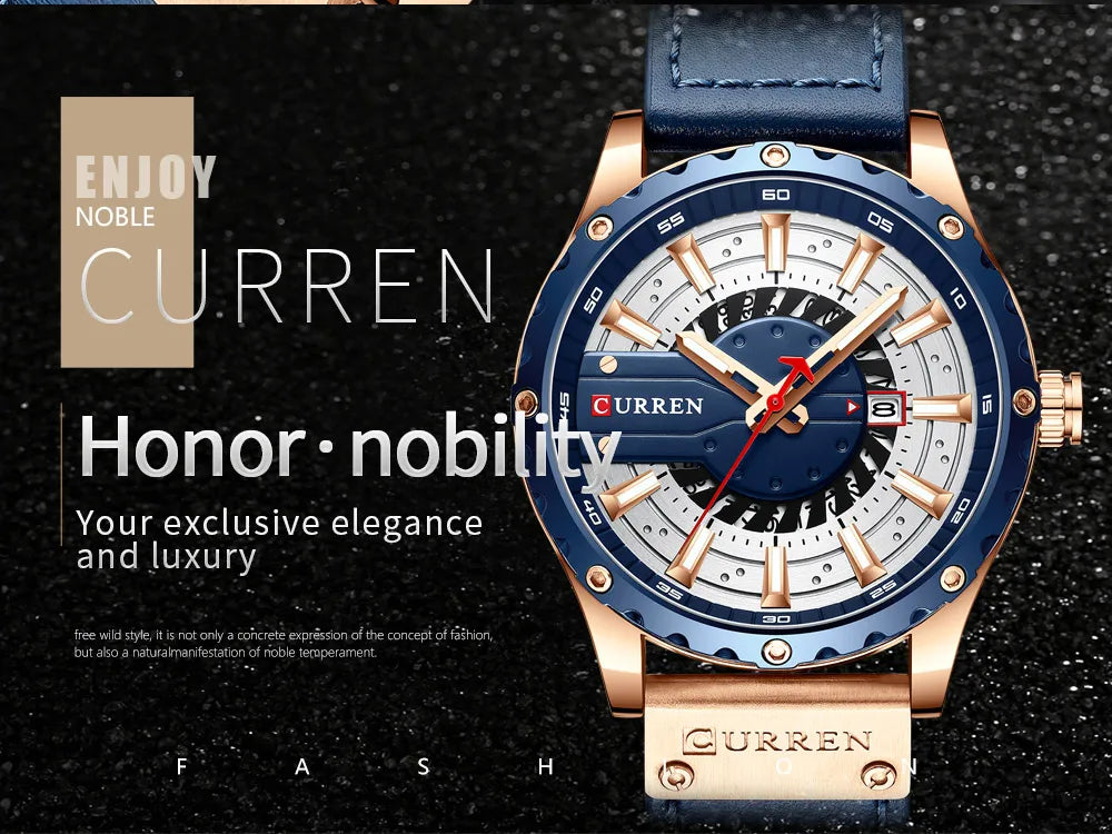 CURREN Watches Top Brand Fashion Leather Wristwatch Casual Quartz Men's Watch with box New Chic Clock Luminous hands