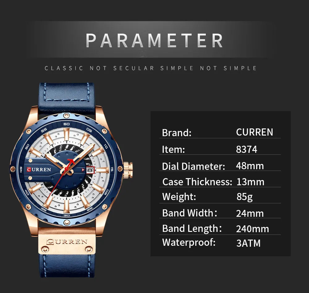 CURREN Watches Top Brand Fashion Leather Wristwatch Casual Quartz Men's Watch with box New Chic Clock Luminous hands