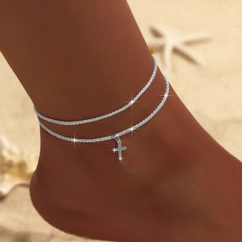 New 925 Sliver Plated CZ Anklet Bracelets for Women Girl Trendy Waterproof Zircon Charm Dainty Layer Chain Anklets Jewelry Gifts