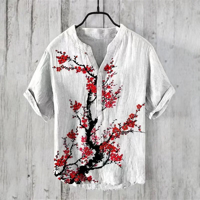 Hawaiian Men's Linen V-neck Shirt Men's T-shirt 2024 New 100% Linen Shirt HD Pattern Plus Size Crane Landscape Painting Shirt