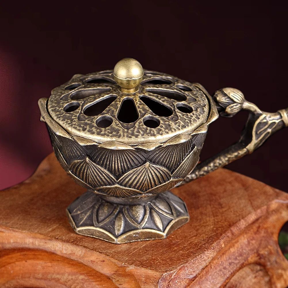 Lotus Incense Burner Vintage Brass Charcoal Incense Holder Sandalwood Censer Yoga Meditation Home Decor Tea Ceremony Accessories