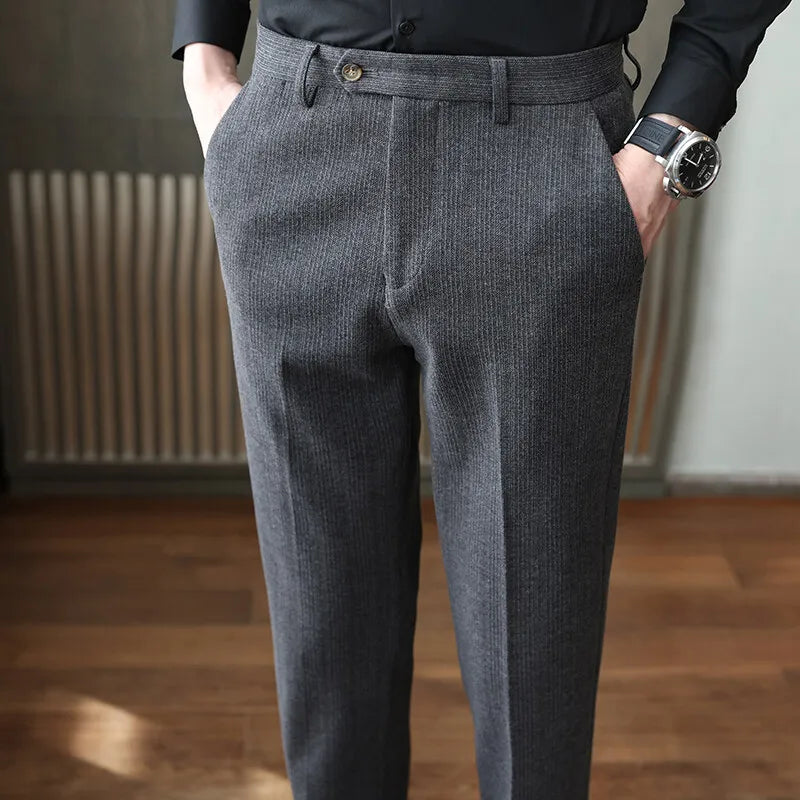 2024 Autumn and Winter New Wheat Grain Woolen Thick Khaki Trousers for Men, Coffee Color Fashionable Versatile Mens Casual Pants
