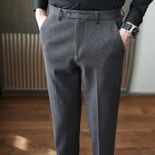 2024 Autumn and Winter New Wheat Grain Woolen Thick Khaki Trousers for Men, Coffee Color Fashionable Versatile Mens Casual Pants