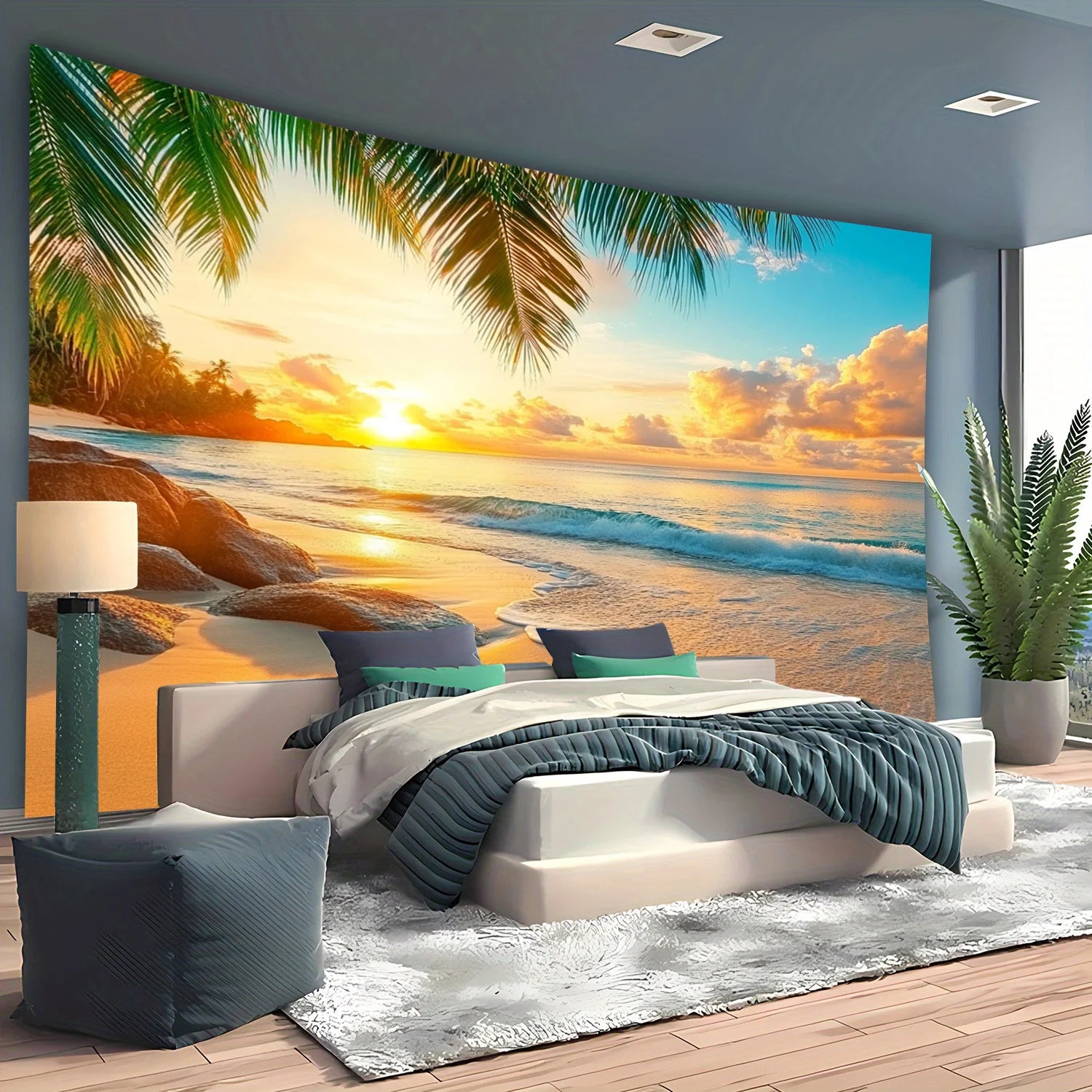Tropical Paradise Sunset Wall Tapestry for Relaxing Home Decor, Featuring a Stunning View of a Golden Sunset Over Calm