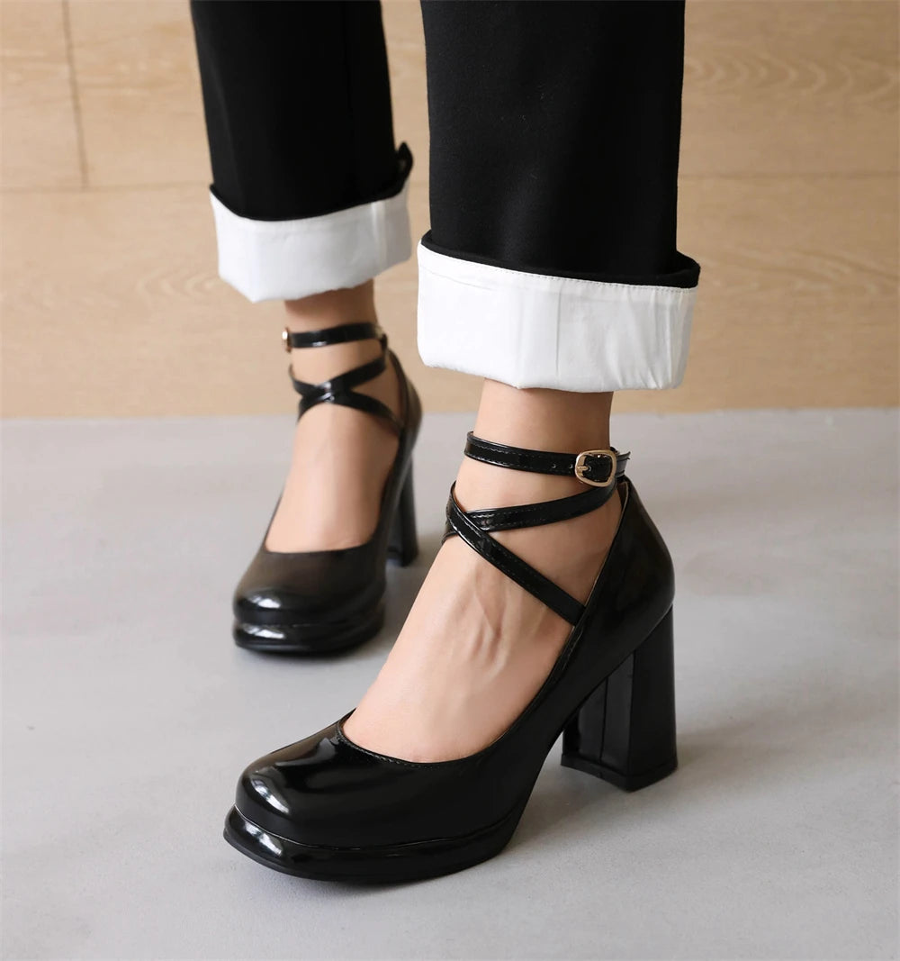 2025 New Punk Goth Platform Womens Pumps Round Toe Thick Heels Female Spring Fall Cross Straps Casual Shoes Women Moccasins