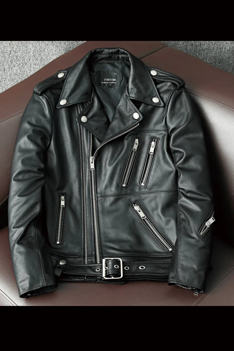 2025 New Genuine Cow Leather Jacket Men Autumn Winter Male Coats Diagonal zipper and Multi Pocket slim Motorcycle Clothing