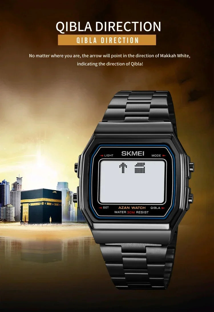 SKMEI 2113 Mens Prayer Azan Compass Alarm Hijri Islamic Digital Wristwatches New Back Light Display Stopwatch Sports Watches