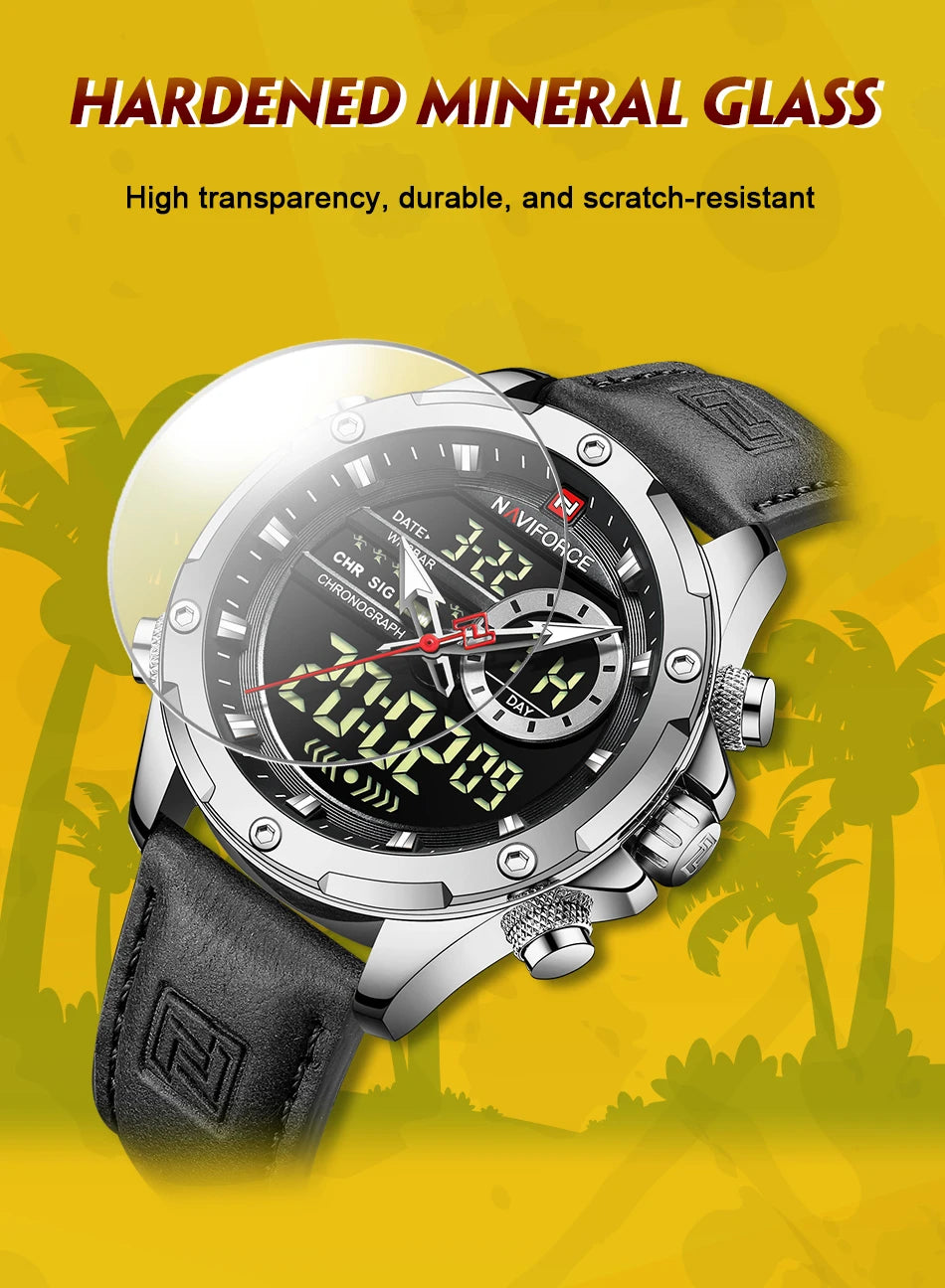 Naviforce Mens Original Watches 2025 Men Fashion Sports Waterproof Luxury Corium Strap Men Wristwatch with Calendar Dual Display