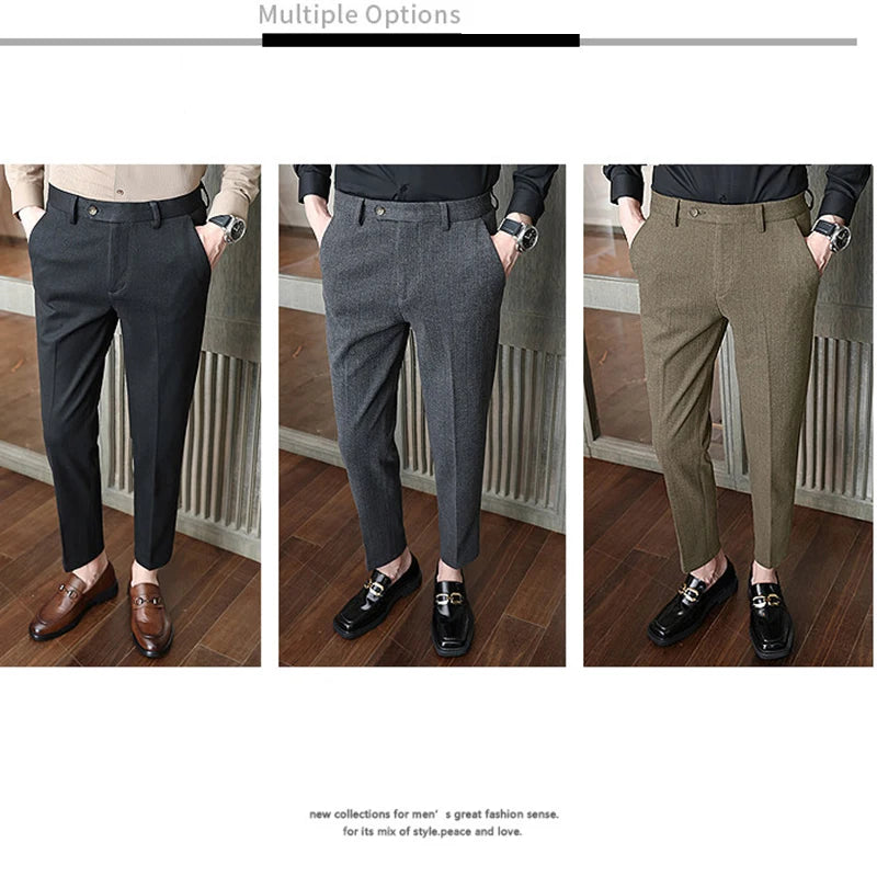 2024 Autumn and Winter New Wheat Grain Woolen Thick Khaki Trousers for Men, Coffee Color Fashionable Versatile Mens Casual Pants