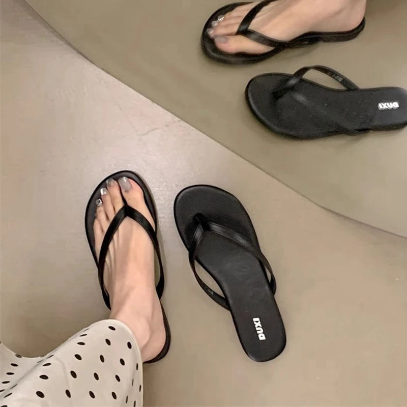 SUOJIALUN 2025 Summer New Brand Women Slipper Fashion Narrow Band Slip On Flip Flops Soft Flat Heel Outdoor Casual Dress Slides