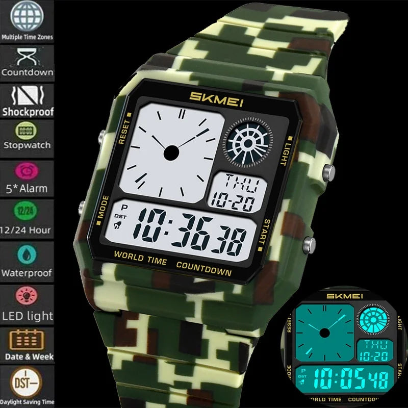 Skmei 5 Alarm Clock Male Military Sports Watches Analog Digital Display Multiple Time Zone Waterproof Swimming Mens Stop Watch