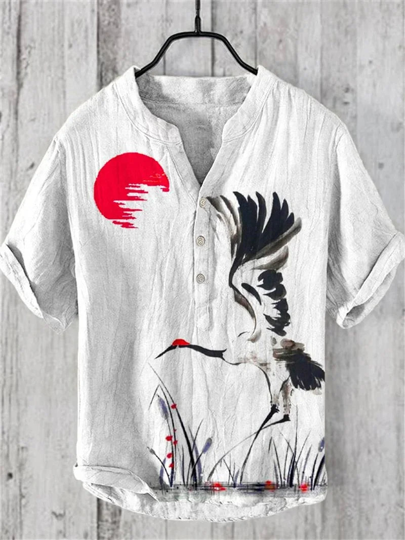 Hawaiian Men's Linen V-neck Shirt Men's T-shirt 2024 New 100% Linen Shirt HD Pattern Plus Size Crane Landscape Painting Shirt
