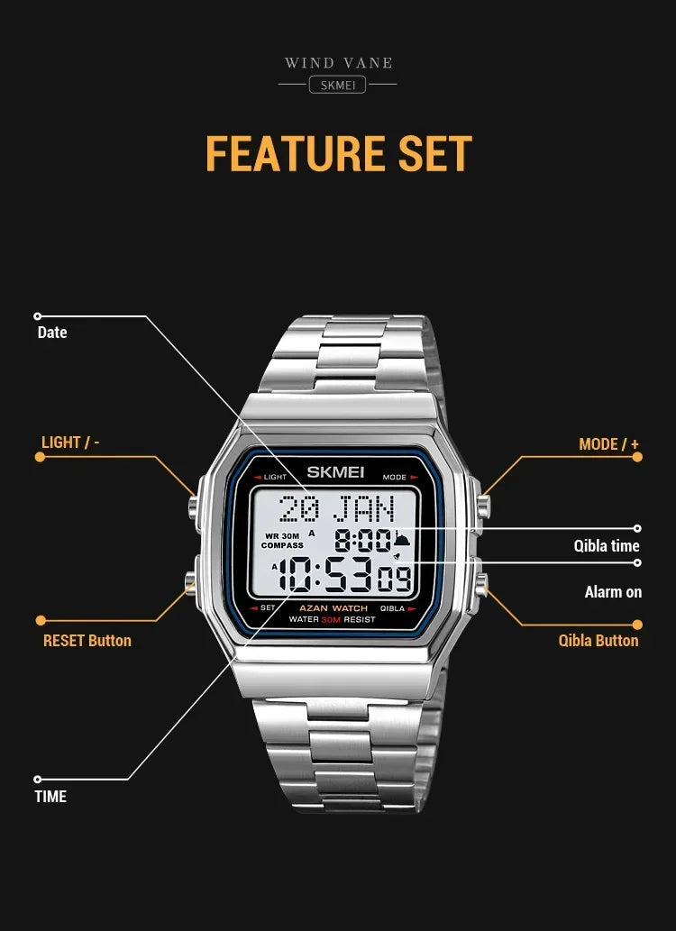 SKMEI 2113 Mens Prayer Azan Compass Alarm Hijri Islamic Digital Wristwatches New Back Light Display Stopwatch Sports Watches
