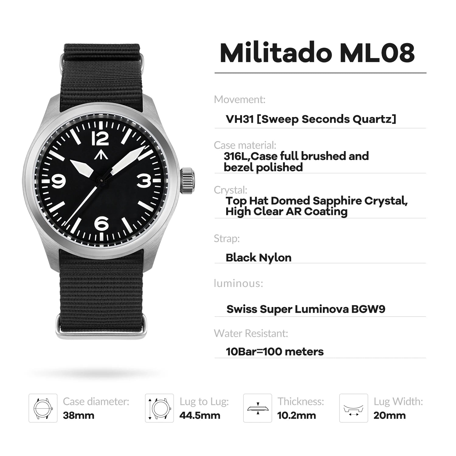 Militado New ML08 Steel Quartz Watches VH31 Sweep Movement Sapphire Mirror Super Luminous BGW9 100M Waterproof 38Mm Wrist Watch