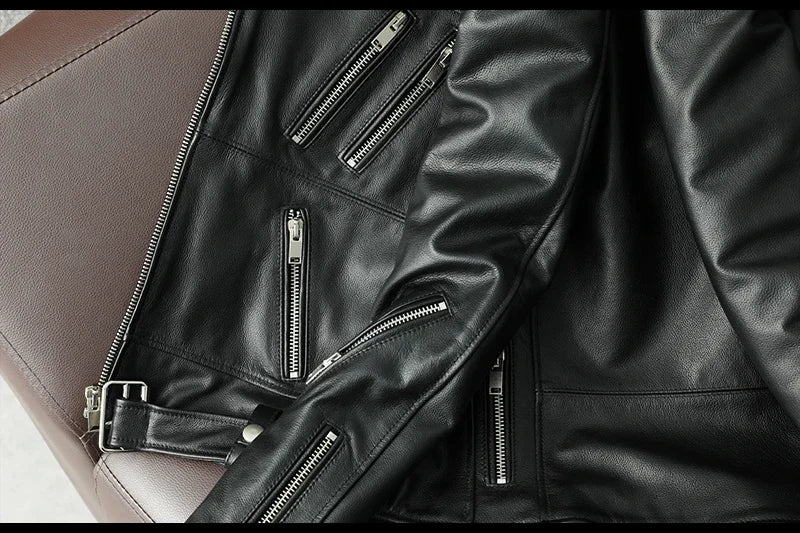 2025 New Genuine Cow Leather Jacket Men Autumn Winter Male Coats Diagonal zipper and Multi Pocket slim Motorcycle Clothing