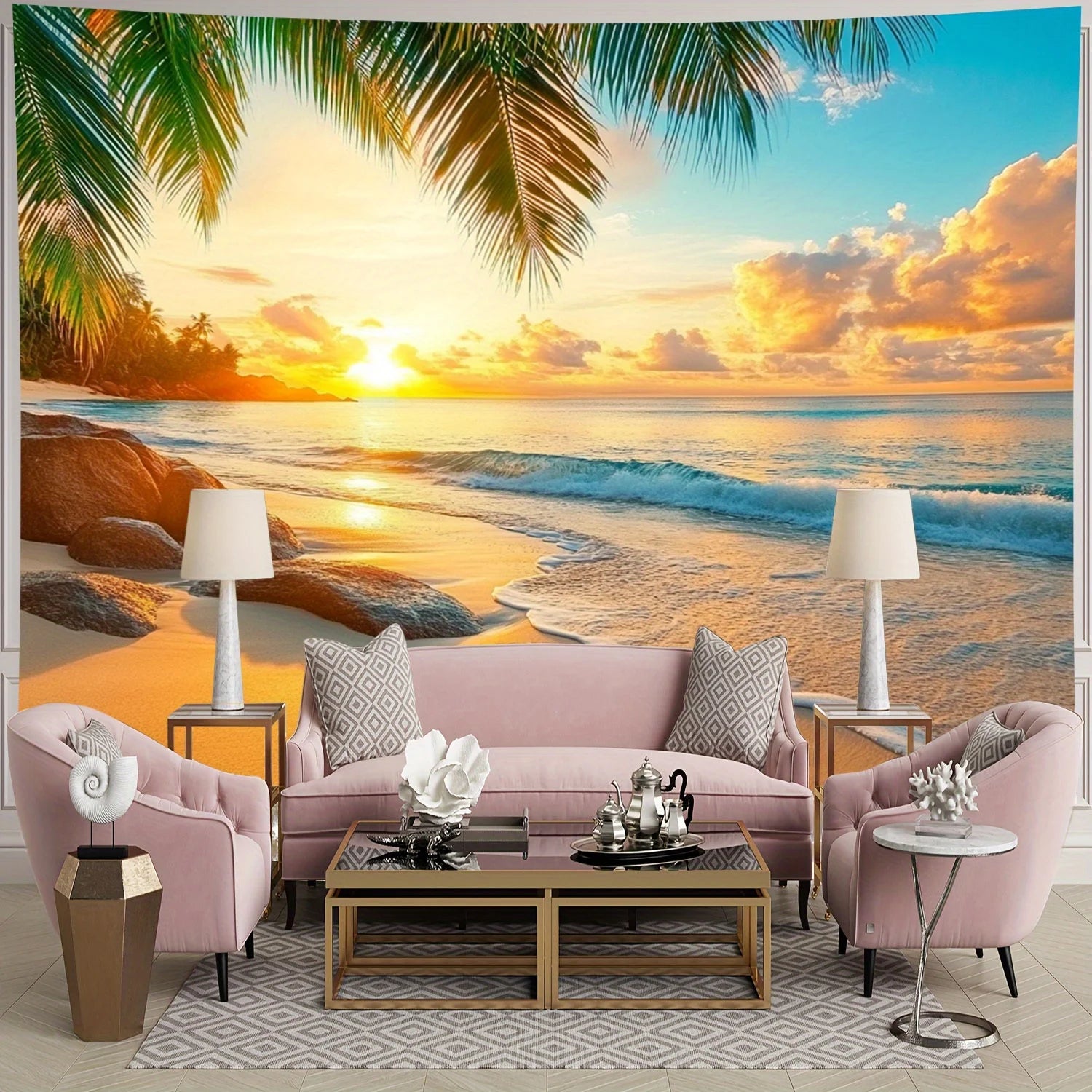 Tropical Paradise Sunset Wall Tapestry for Relaxing Home Decor, Featuring a Stunning View of a Golden Sunset Over Calm