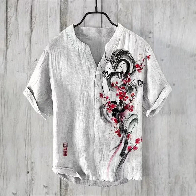 Hawaiian Men's Linen V-neck Shirt Men's T-shirt 2024 New 100% Linen Shirt HD Pattern Plus Size Crane Landscape Painting Shirt