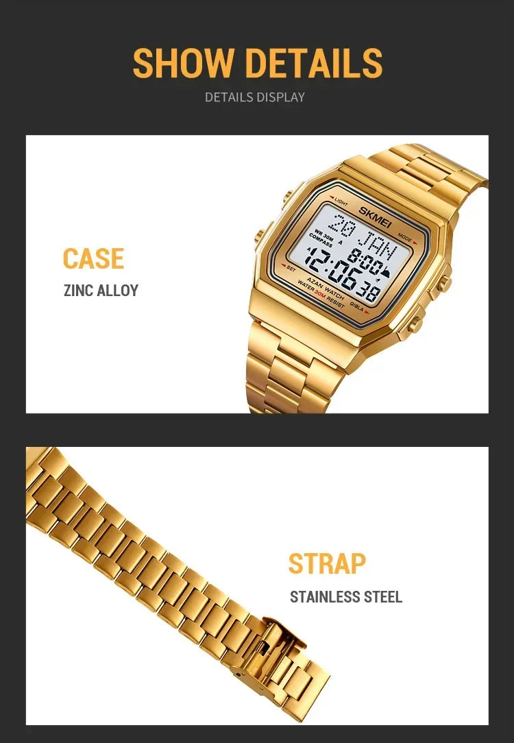 SKMEI 2113 Mens Prayer Azan Compass Alarm Hijri Islamic Digital Wristwatches New Back Light Display Stopwatch Sports Watches