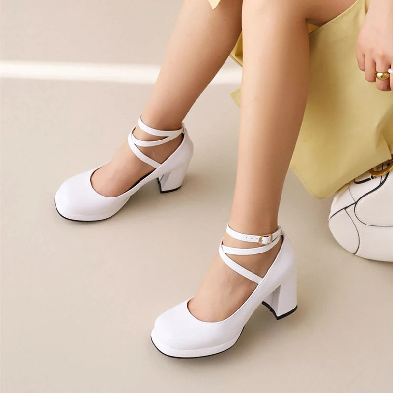 2025 New Punk Goth Platform Womens Pumps Round Toe Thick Heels Female Spring Fall Cross Straps Casual Shoes Women Moccasins