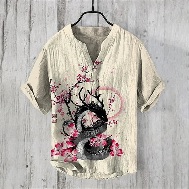 Hawaiian Men's Linen V-neck Shirt Men's T-shirt 2024 New 100% Linen Shirt HD Pattern Plus Size Crane Landscape Painting Shirt