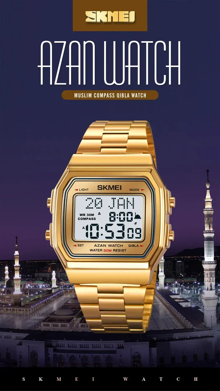 SKMEI 2113 Mens Prayer Azan Compass Alarm Hijri Islamic Digital Wristwatches New Back Light Display Stopwatch Sports Watches