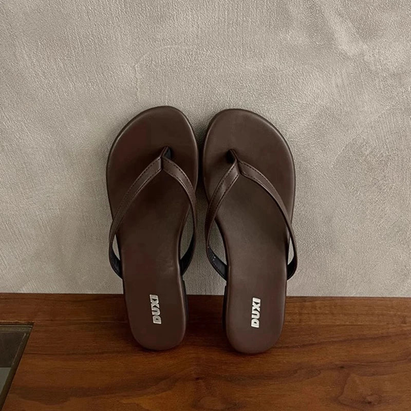 SUOJIALUN 2025 Summer New Brand Women Slipper Fashion Narrow Band Slip On Flip Flops Soft Flat Heel Outdoor Casual Dress Slides