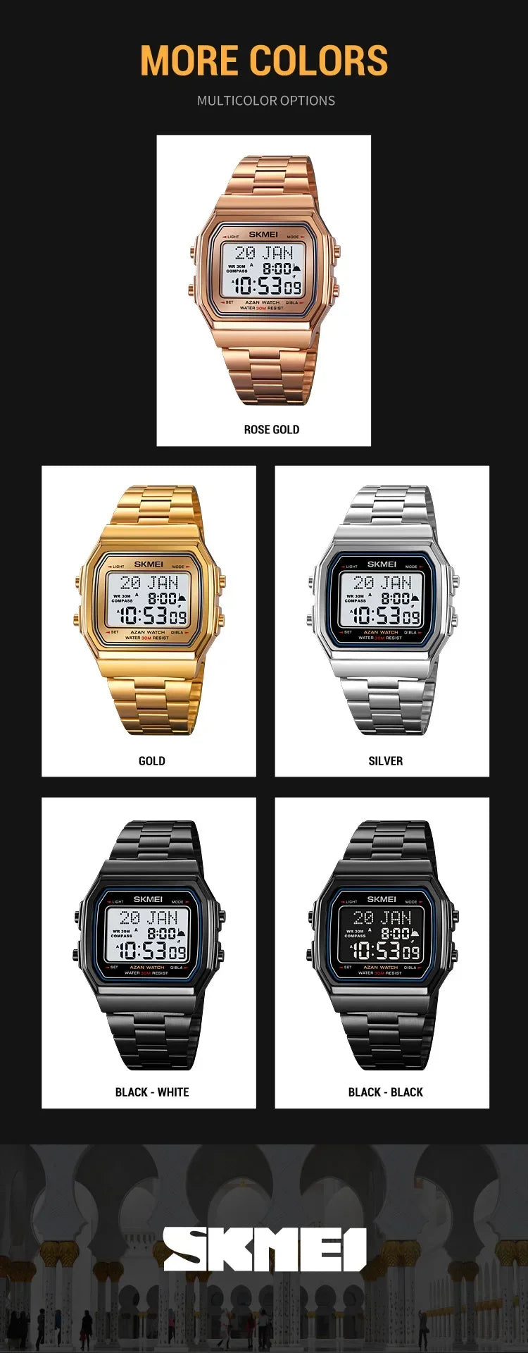 SKMEI 2113 Mens Prayer Azan Compass Alarm Hijri Islamic Digital Wristwatches New Back Light Display Stopwatch Sports Watches
