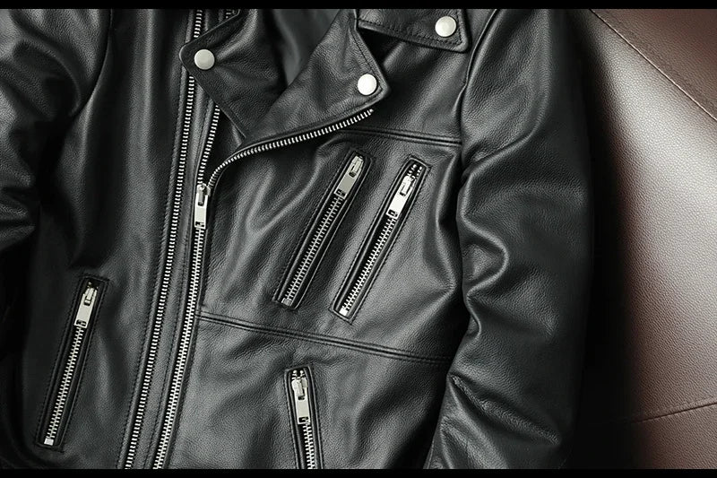 2025 New Genuine Cow Leather Jacket Men Autumn Winter Male Coats Diagonal zipper and Multi Pocket slim Motorcycle Clothing