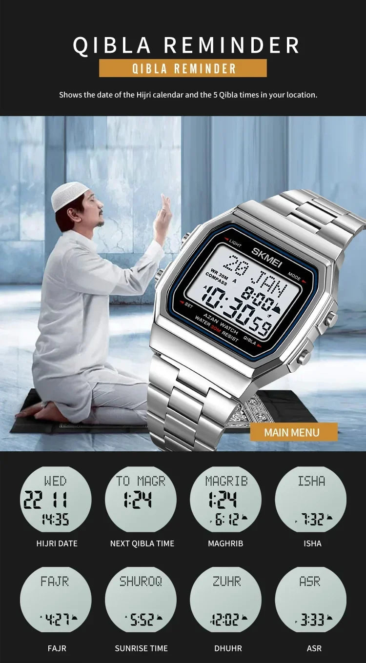 SKMEI 2113 Mens Prayer Azan Compass Alarm Hijri Islamic Digital Wristwatches New Back Light Display Stopwatch Sports Watches