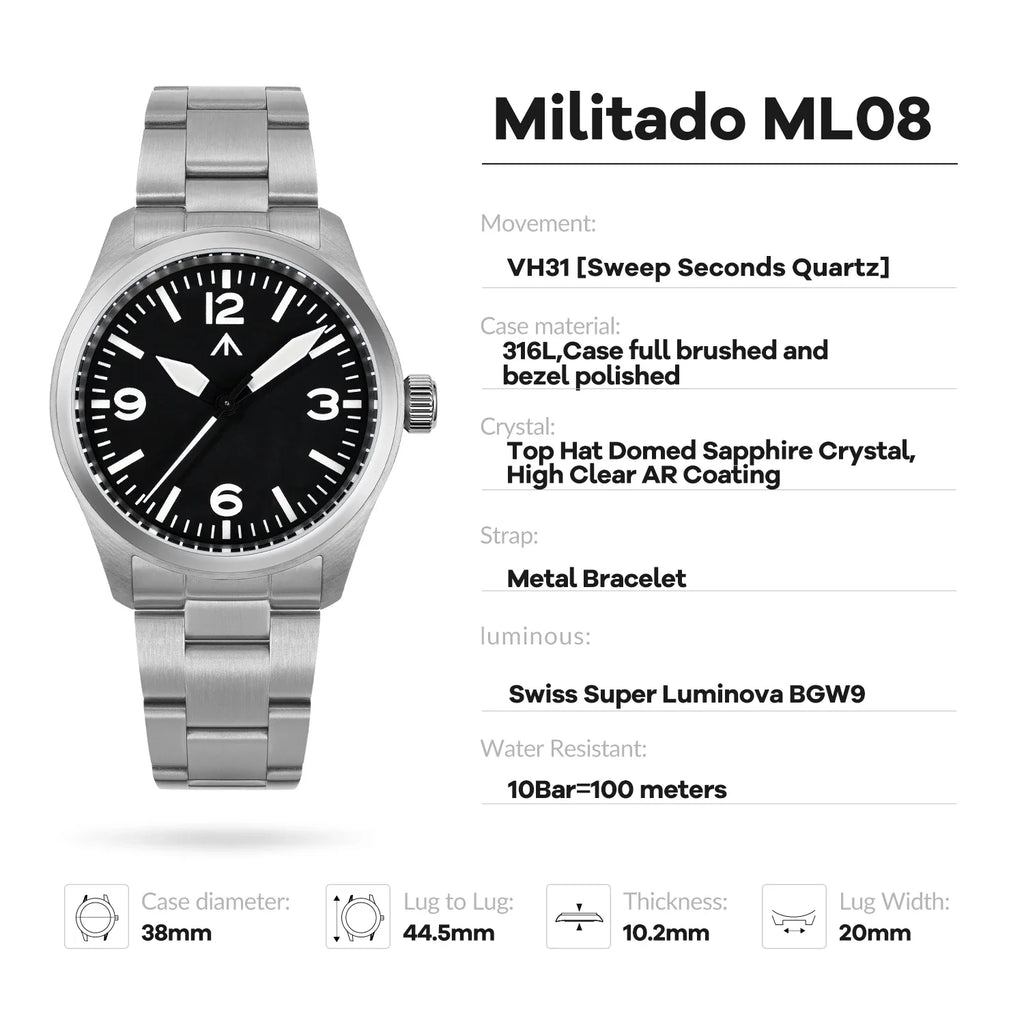 Militado New ML08 Steel Quartz Watches VH31 Sweep Movement Sapphire Mirror Super Luminous BGW9 100M Waterproof 38Mm Wrist Watch