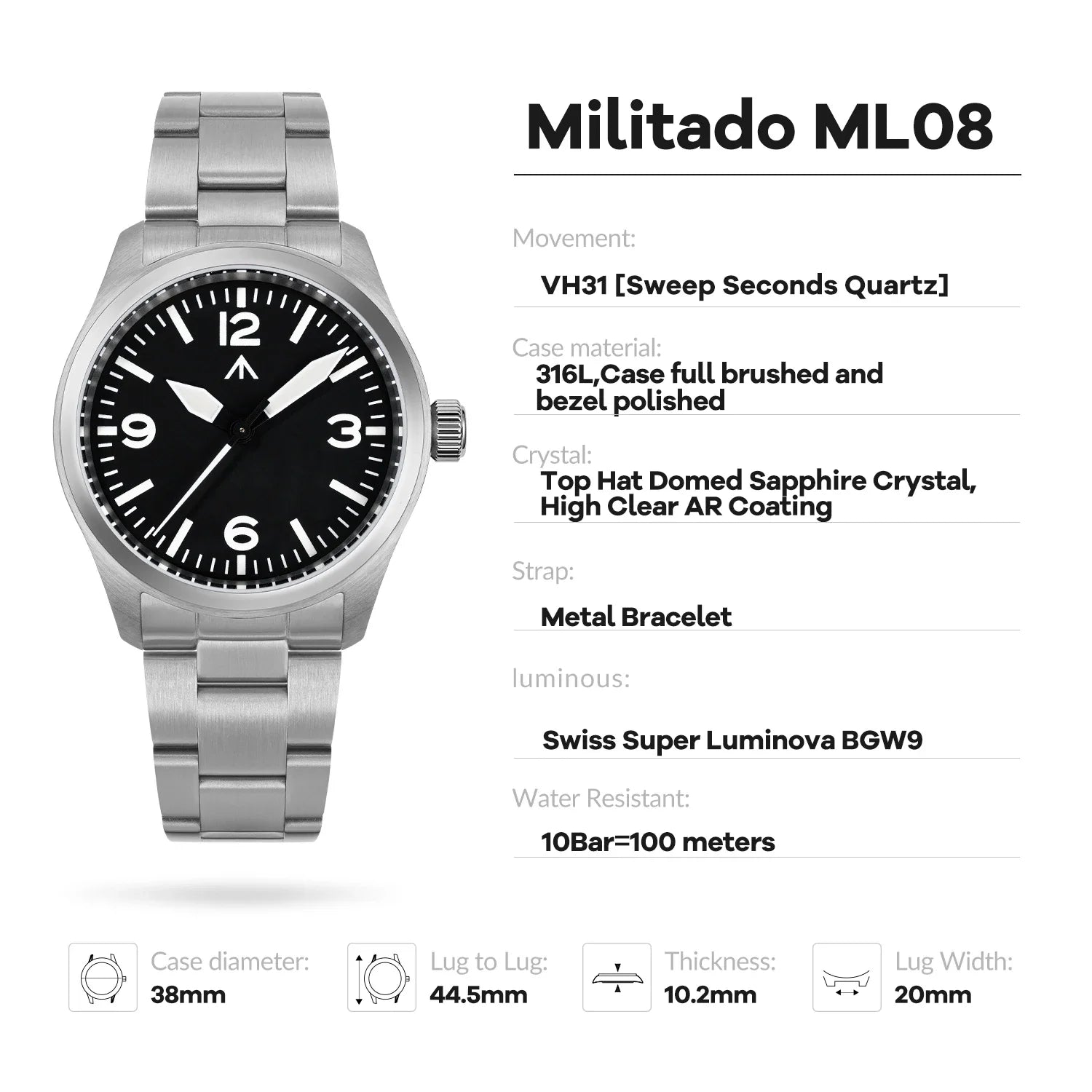 Militado New ML08 Steel Quartz Watches VH31 Sweep Movement Sapphire Mirror Super Luminous BGW9 100M Waterproof 38Mm Wrist Watch