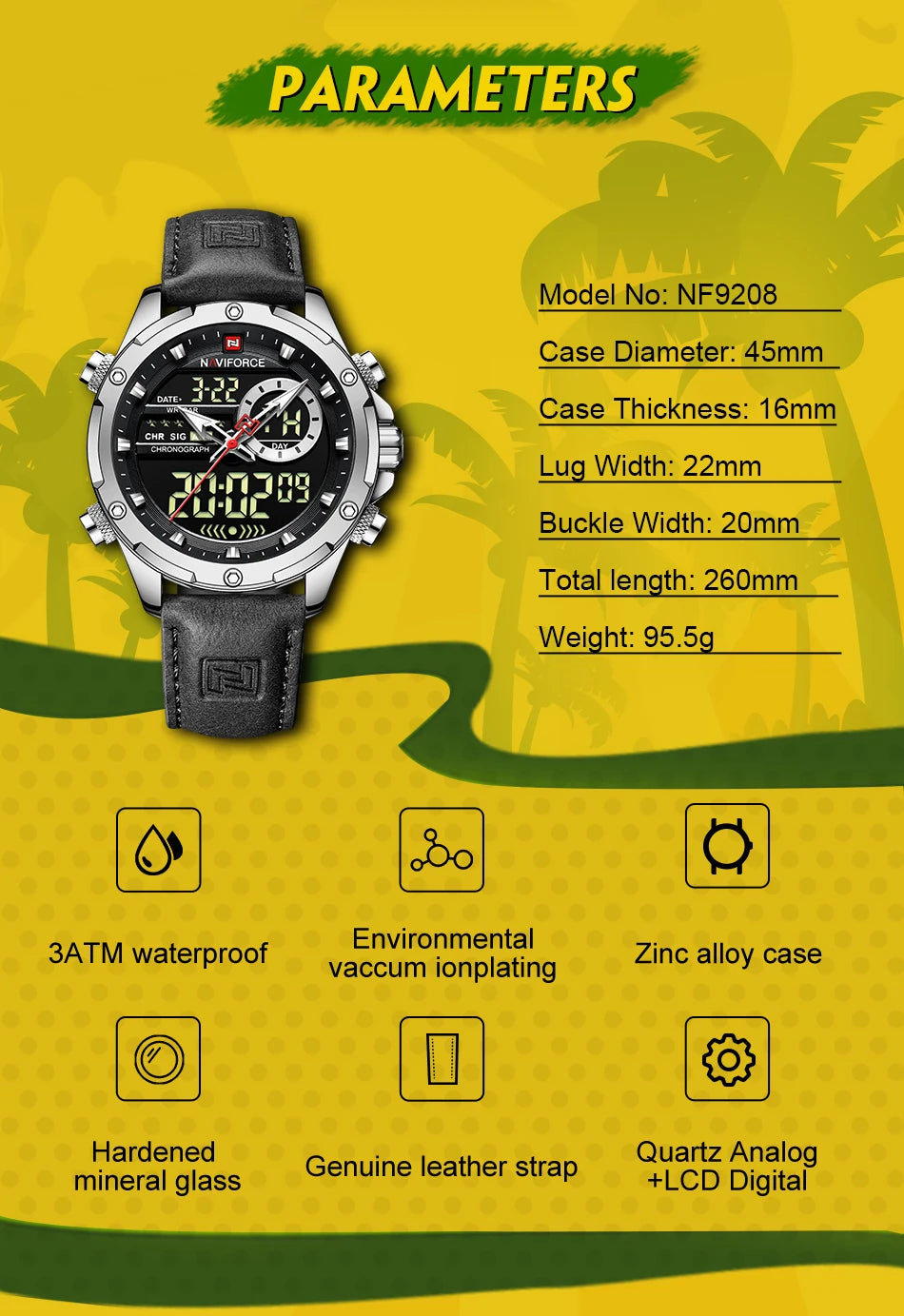 Naviforce Mens Original Watches 2025 Men Fashion Sports Waterproof Luxury Corium Strap Men Wristwatch with Calendar Dual Display