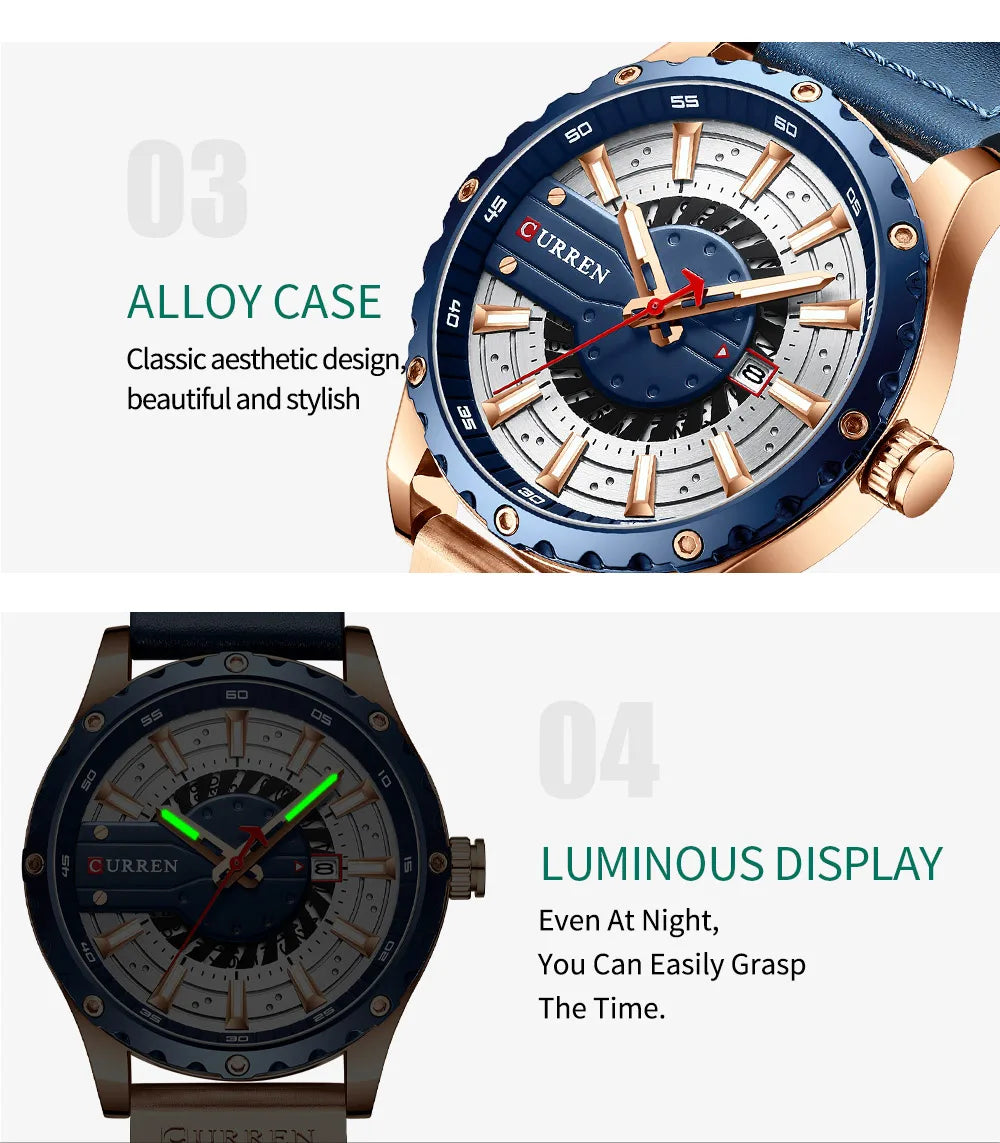 CURREN Watches Top Brand Fashion Leather Wristwatch Casual Quartz Men's Watch with box New Chic Clock Luminous hands