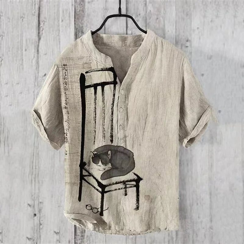 Hawaiian Men's Linen V-neck Shirt Men's T-shirt 2024 New 100% Linen Shirt HD Pattern Plus Size Crane Landscape Painting Shirt
