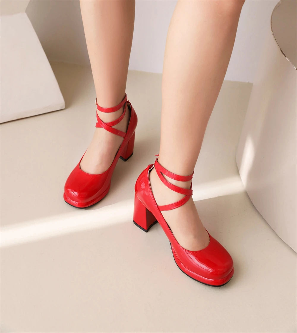 2025 New Punk Goth Platform Womens Pumps Round Toe Thick Heels Female Spring Fall Cross Straps Casual Shoes Women Moccasins