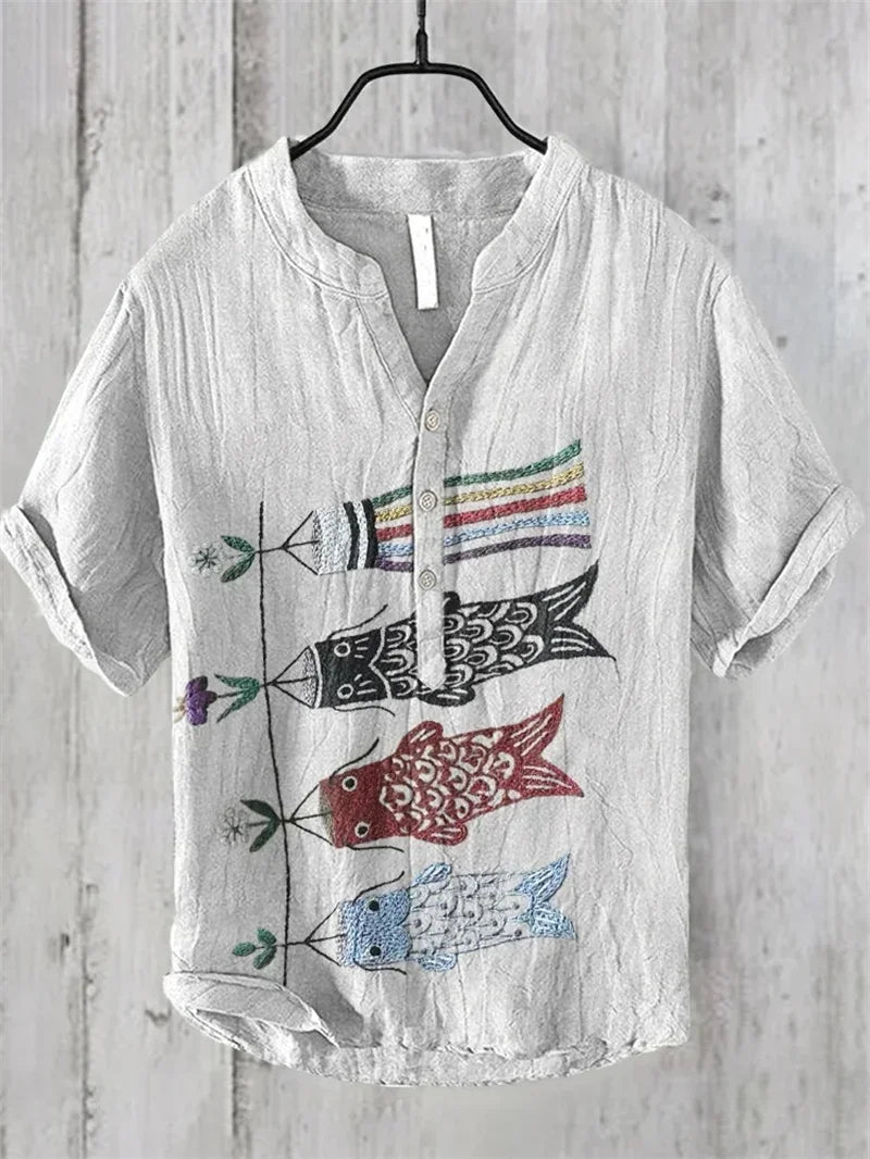 Hawaiian Men's Linen V-neck Shirt Men's T-shirt 2024 New 100% Linen Shirt HD Pattern Plus Size Crane Landscape Painting Shirt