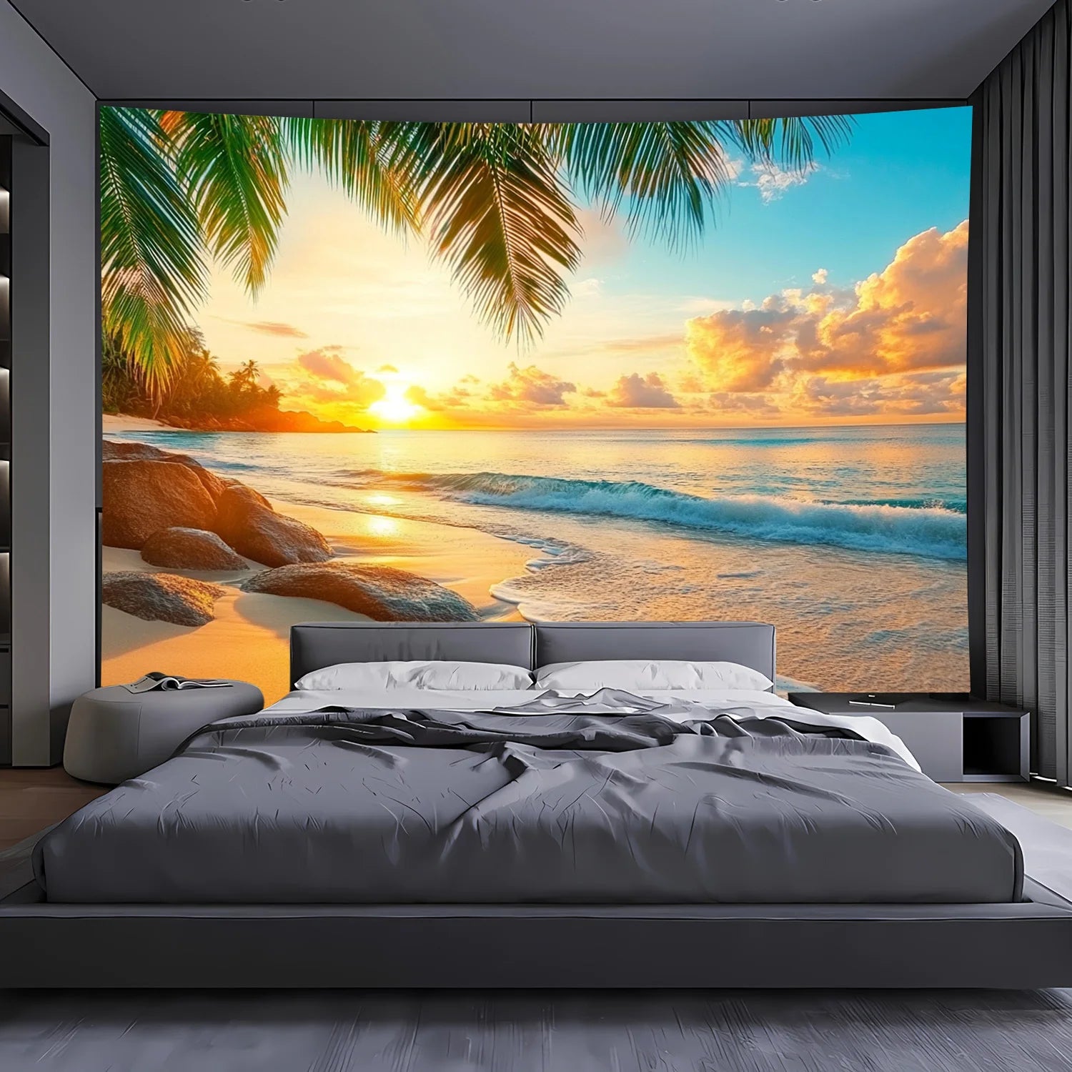 Tropical Paradise Sunset Wall Tapestry for Relaxing Home Decor, Featuring a Stunning View of a Golden Sunset Over Calm
