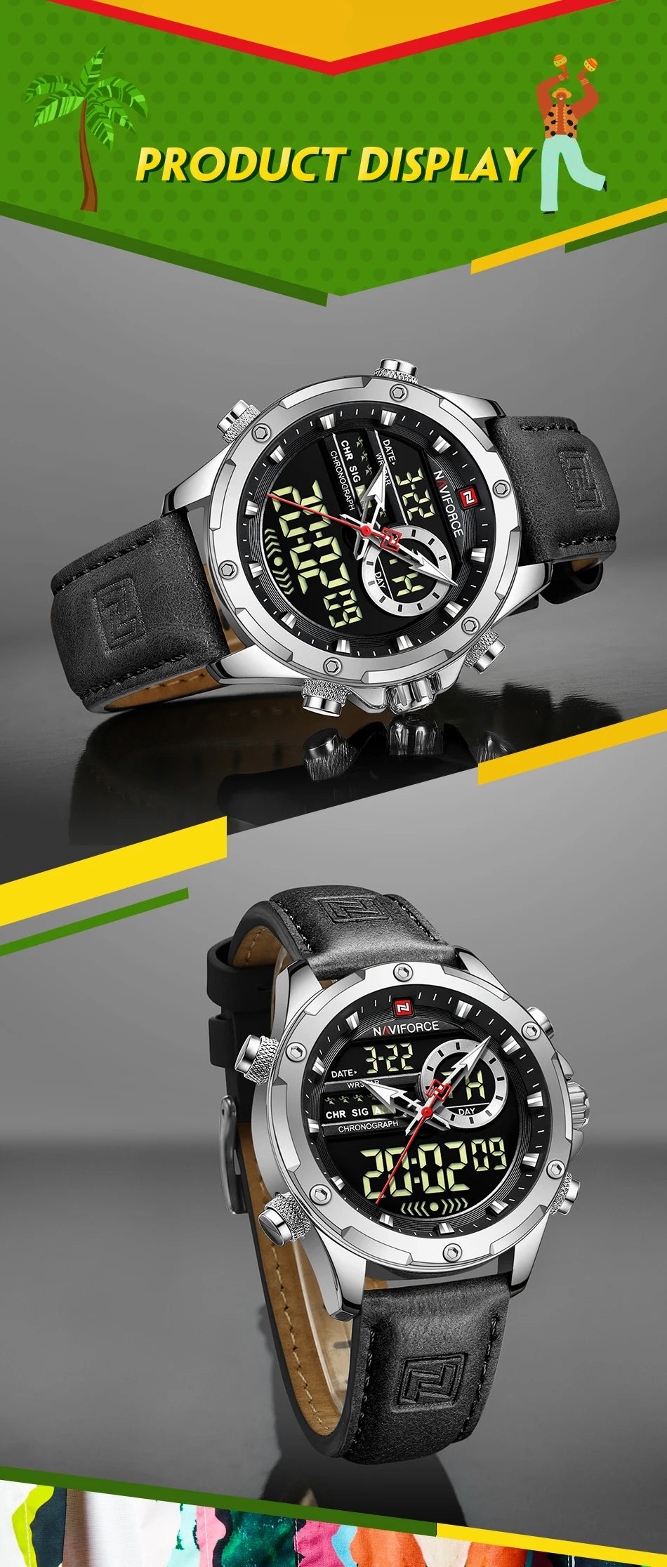 Naviforce Mens Original Watches 2025 Men Fashion Sports Waterproof Luxury Corium Strap Men Wristwatch with Calendar Dual Display