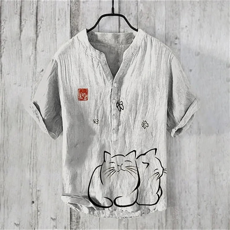 Hawaiian Men's Linen V-neck Shirt Men's T-shirt 2024 New 100% Linen Shirt HD Pattern Plus Size Crane Landscape Painting Shirt