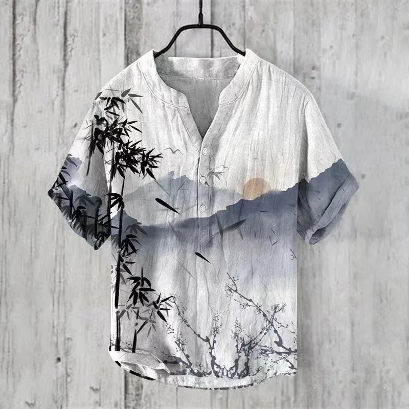 Hawaiian Men's Linen V-neck Shirt Men's T-shirt 2024 New 100% Linen Shirt HD Pattern Plus Size Crane Landscape Painting Shirt