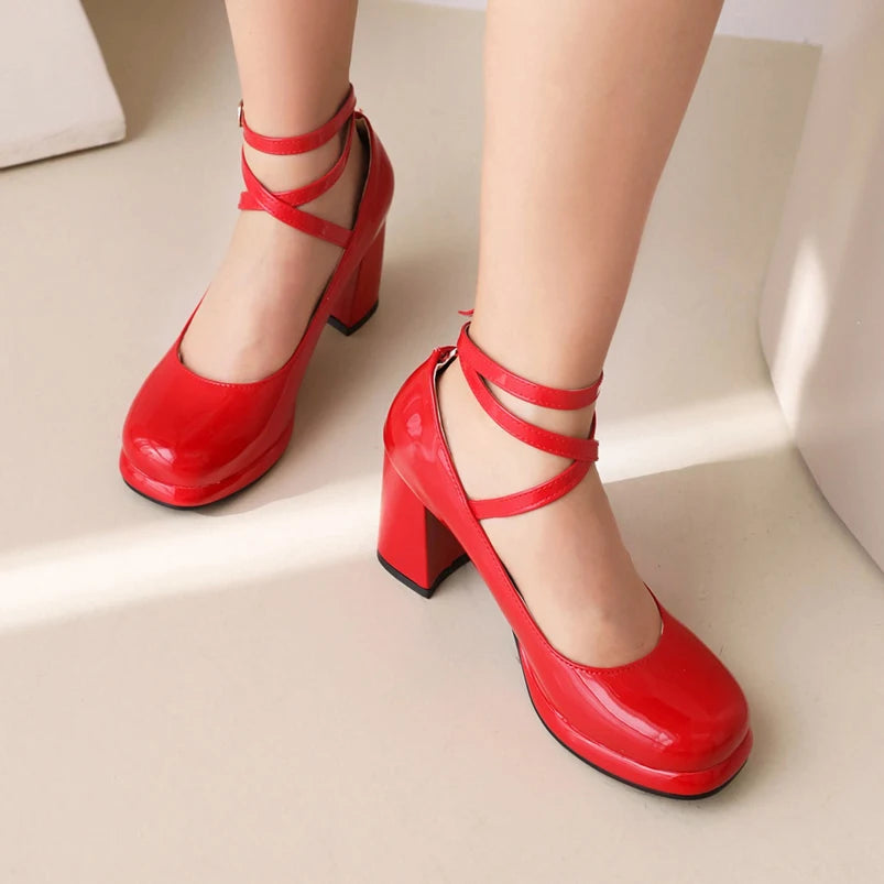 2025 New Punk Goth Platform Womens Pumps Round Toe Thick Heels Female Spring Fall Cross Straps Casual Shoes Women Moccasins