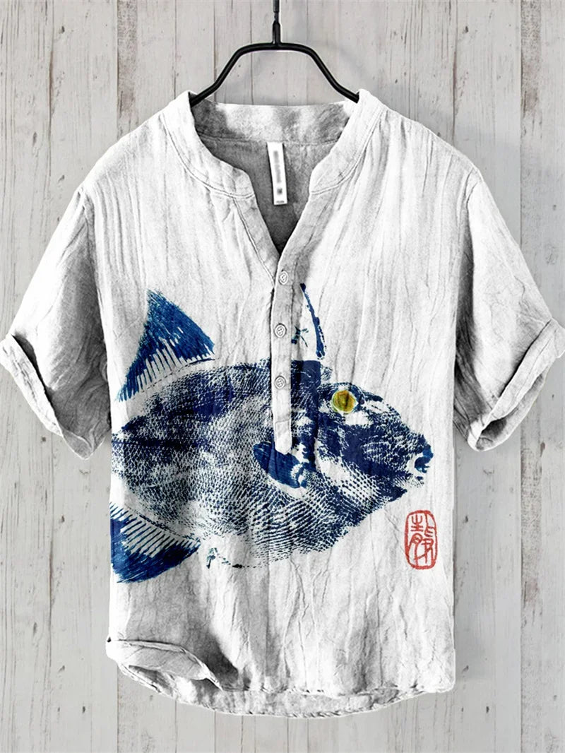 Hawaiian Men's Linen V-neck Shirt Men's T-shirt 2024 New 100% Linen Shirt HD Pattern Plus Size Crane Landscape Painting Shirt