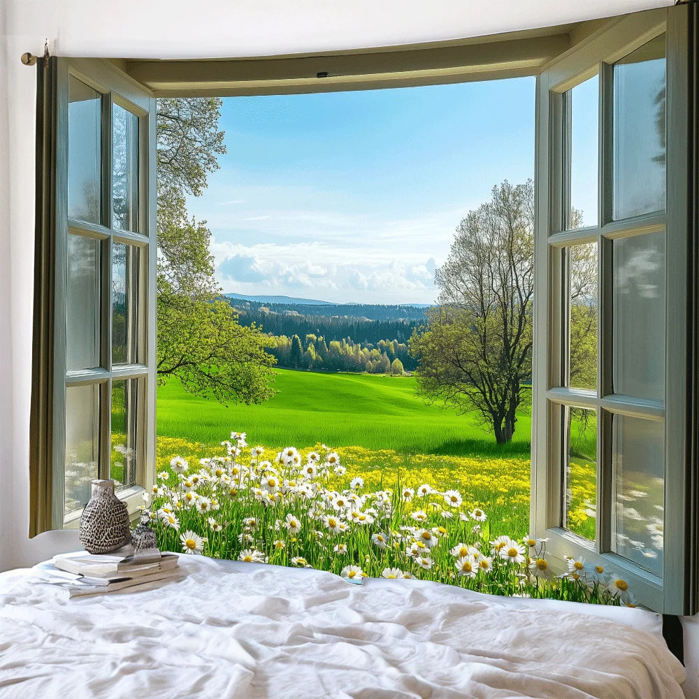 Spring Window View Tapestry" - Perfect for Scenic, Serene & Unique Home Decor with Nature Charm and Fresh Vibes