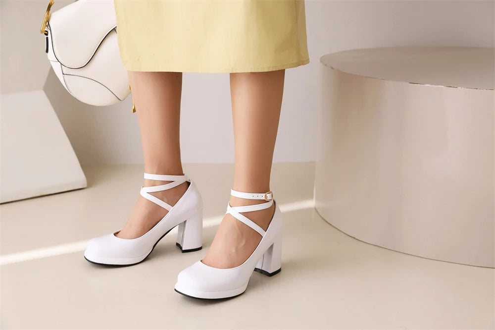 2025 New Punk Goth Platform Womens Pumps Round Toe Thick Heels Female Spring Fall Cross Straps Casual Shoes Women Moccasins