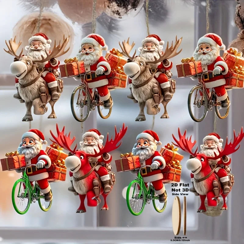8/16/24PCS Christmas Wooden Bicycle Santa Claus 2D Flat Pendant Xmas Tree Decoration Holiday Gift Christmas Ornaments Home Decor