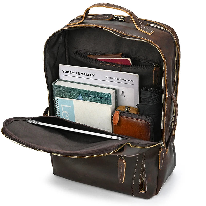 2025 New Arrivals Leather Backpack For Travel Men Male Cowhide Leather Laptop Bag 15.6" 17 Double Shoulder Bagpack For Man Retro