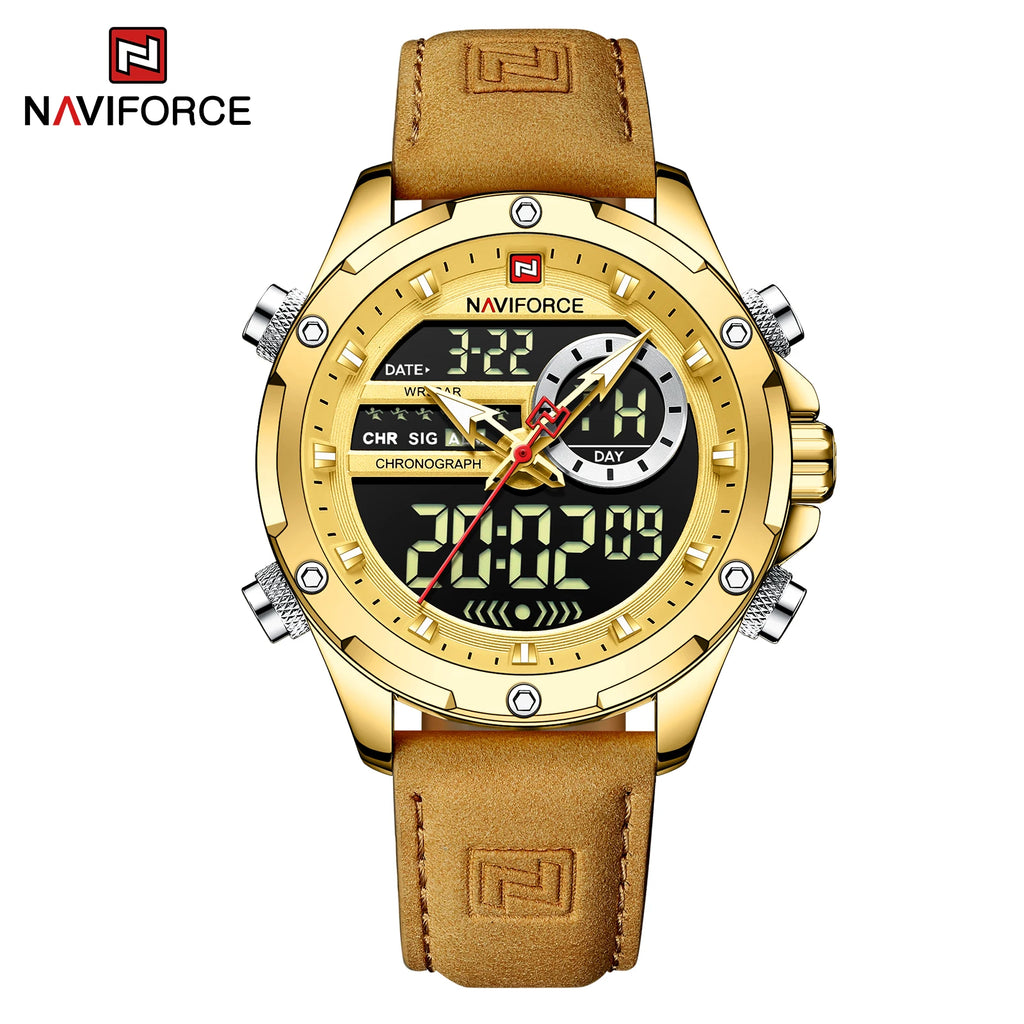 Naviforce Mens Original Watches 2025 Men Fashion Sports Waterproof Luxury Corium Strap Men Wristwatch with Calendar Dual Display