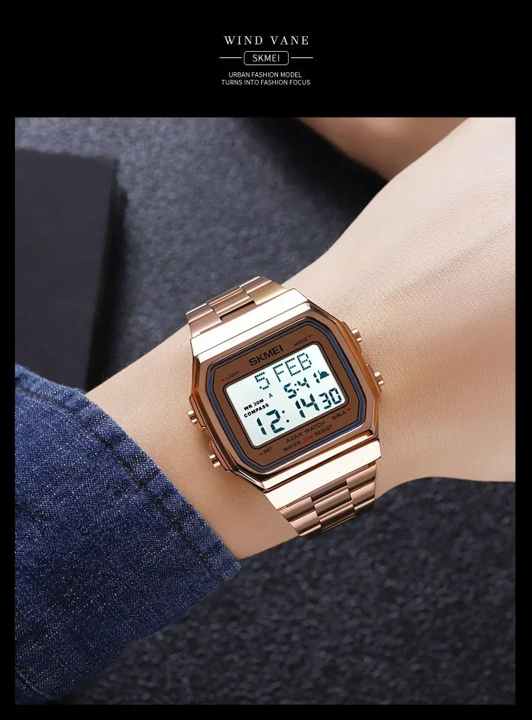 SKMEI 2113 Mens Prayer Azan Compass Alarm Hijri Islamic Digital Wristwatches New Back Light Display Stopwatch Sports Watches