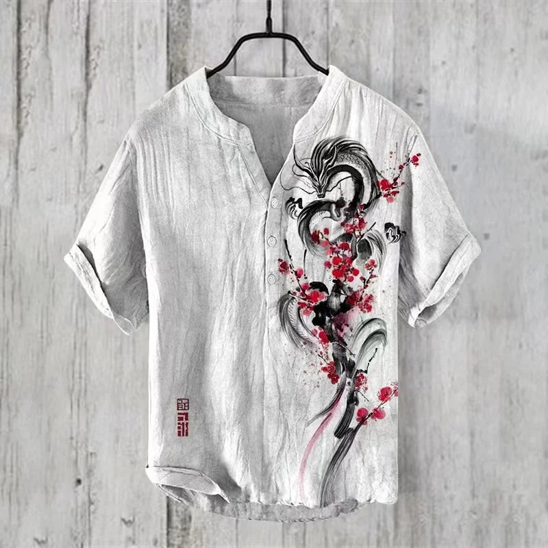 Hawaiian Men's Linen V-neck Shirt Men's T-shirt 2024 New 100% Linen Shirt HD Pattern Plus Size Crane Landscape Painting Shirt